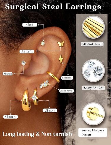 FUNRUN JEWELRY أقراط خلفية مسطحة مضادة للحساسية للنساء مجموعات أقراط من الفولاذ المقاوم للصدأ الجراحية للأذن الحساسة أقراط صغيرة على شكل طوق غضروف أقراط مسطحة على الظهر لثقب متعدد in Kuwait