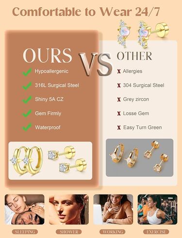 FUNRUN JEWELRY أقراط خلفية مسطحة مضادة للحساسية للنساء مجموعات أقراط من الفولاذ المقاوم للصدأ الجراحية للأذن الحساسة أقراط صغيرة على شكل طوق غضروف أقراط مسطحة على الظهر لثقب متعدد in Kuwait