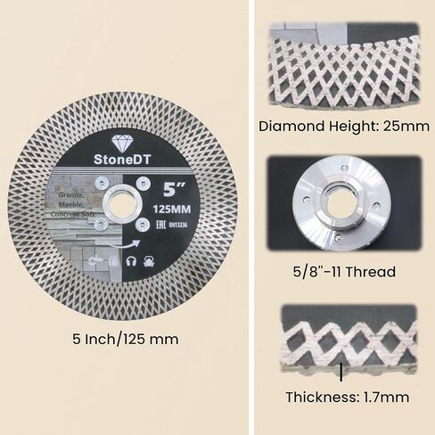 Diamond Tile Saw Blade, 5 Inch Cutting and Grinding Wheel with 5/8"-11 Flange for Porcelain Ceramic Tile Marble Granite Artificial Stone, X Mesh Segment in Kuwait