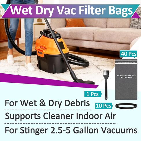 40 Pcs Wet Dry Vac Filter Bags Compatible with Stinger 2.5-5 Gallon Vacuums/MultiFit VF2000/WORKSHOP WS01025F/Craftsman 9-38737/Husky/Bauer 3 Gallon Shop Vacs(10 Retaining Bands and 1 Brush Included) in Kuwait