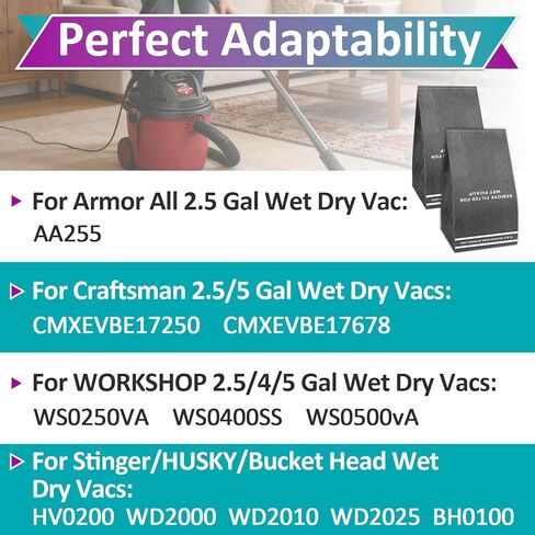 40 Pcs Wet Dry Vac Filter Bags Compatible with Stinger 2.5-5 Gallon Vacuums/MultiFit VF2000/WORKSHOP WS01025F/Craftsman 9-38737/Husky/Bauer 3 Gallon Shop Vacs(10 Retaining Bands and 1 Brush Included) in Kuwait