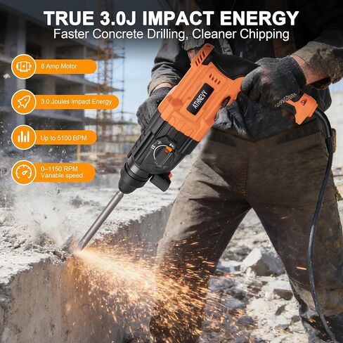 ATHNEVY 1 Inch SDS-Plus Rotary Hammer Drill, 8 Amp 3.0J 4-Function Variable Speed Hammer Drill with Safety Clutch & Reverse Stop, Concrete Demolition Tool Kit with Bits, Chisels & Case in Kuwait