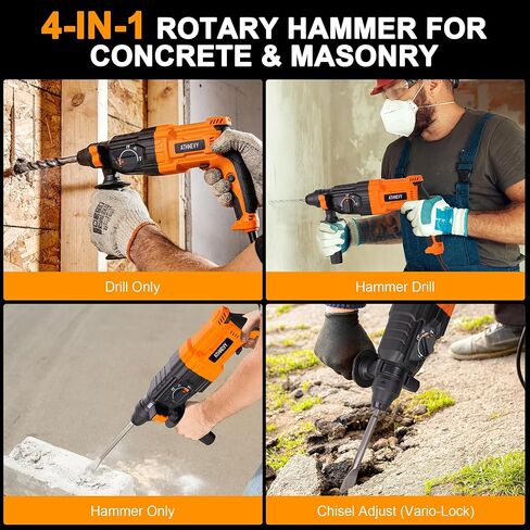 ATHNEVY 1 Inch SDS-Plus Rotary Hammer Drill, 8 Amp 3.0J 4-Function Variable Speed Hammer Drill with Safety Clutch & Reverse Stop, Concrete Demolition Tool Kit with Bits, Chisels & Case in Kuwait