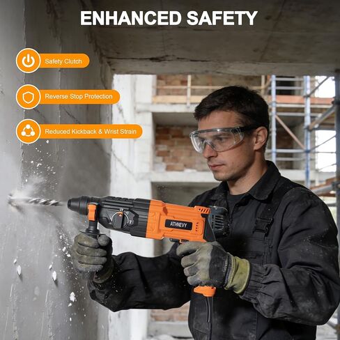ATHNEVY 1 Inch SDS-Plus Rotary Hammer Drill, 8 Amp 3.0J 4-Function Variable Speed Hammer Drill with Safety Clutch & Reverse Stop, Concrete Demolition Tool Kit with Bits, Chisels & Case in Kuwait