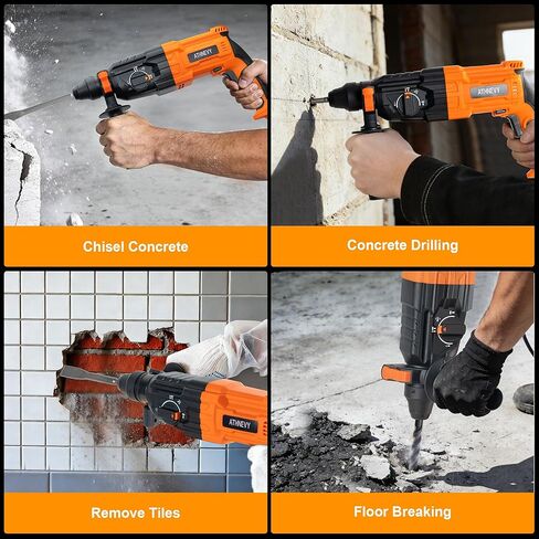 ATHNEVY 1 Inch SDS-Plus Rotary Hammer Drill, 8 Amp 3.0J 4-Function Variable Speed Hammer Drill with Safety Clutch & Reverse Stop, Concrete Demolition Tool Kit with Bits, Chisels & Case in Kuwait