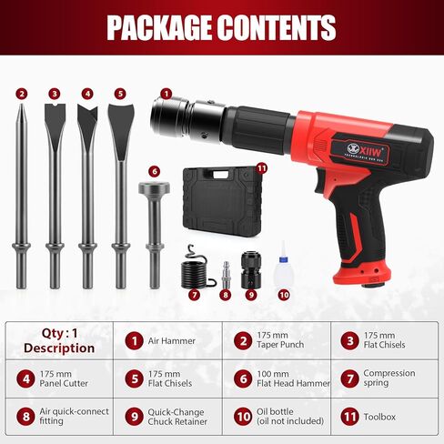 XIIW Air Hammer Kit with 3.35 Inch Stroke, 2500 BPM Pneumatic Hammer with 4 Chisels,1 Flat Head Hammer and Quick Change Retainer, Air Chisel Kit with Carrying Case in Kuwait