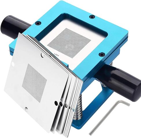 BGA Reballing Station, 90mm x 90mm Universal Stencils Holder Template Fixture Jig with Hand Shank, with 10 steel templates, Aluminum Alloy BGA Ball Planting Table with scale, Adjustable in Kuwait