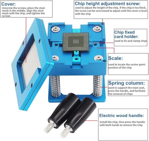 BGA Reballing Station, 90mm x 90mm Universal Stencils Holder Template Fixture Jig with Hand Shank, with 10 steel templates, Aluminum Alloy BGA Ball Planting Table with scale, Adjustable in Kuwait