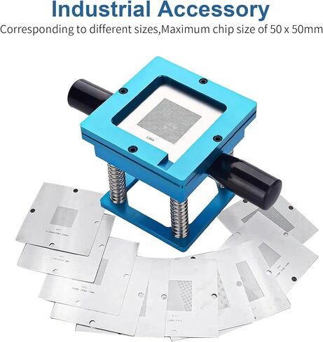 BGA Reballing Station, 90mm x 90mm Universal Stencils Holder Template Fixture Jig with Hand Shank, with 10 steel templates, Aluminum Alloy BGA Ball Planting Table with scale, Adjustable in Kuwait