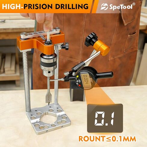 SpeTool S04003 Auto Line Portable Drill Guide, 1/2" Keyed Chuck Hand Drill Press Adapter for Straight Holes, 0-160mm Depth, Spring-Loaded Precision Jig for Woodworking, Furniture，Zero-Edge Drilling in Kuwait