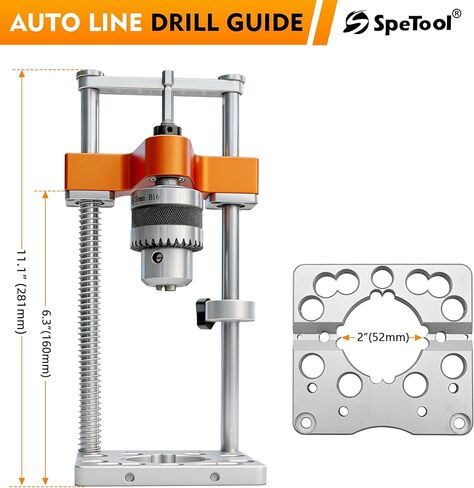 SpeTool S04003 Auto Line Portable Drill Guide, 1/2" Keyed Chuck Hand Drill Press Adapter for Straight Holes, 0-160mm Depth, Spring-Loaded Precision Jig for Woodworking, Furniture，Zero-Edge Drilling in Kuwait