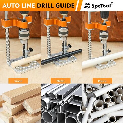 SpeTool S04003 Auto Line Portable Drill Guide, 1/2" Keyed Chuck Hand Drill Press Adapter for Straight Holes, 0-160mm Depth, Spring-Loaded Precision Jig for Woodworking, Furniture，Zero-Edge Drilling in Kuwait