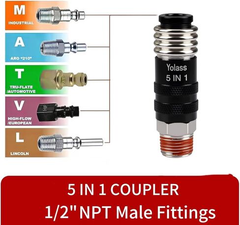 Yolass 5 In 1 Universal Quick Industrial Air Coupler, Air Hose Fittings, 1/2" Male NPT, Air Compressor Accessors Fitting (1 Piece) in Kuwait
