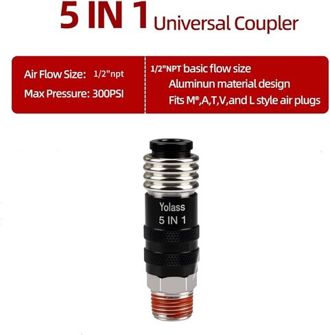 Yolass 5 In 1 Universal Quick Industrial Air Coupler, Air Hose Fittings, 1/2" Male NPT, Air Compressor Accessors Fitting (1 Piece) in Kuwait