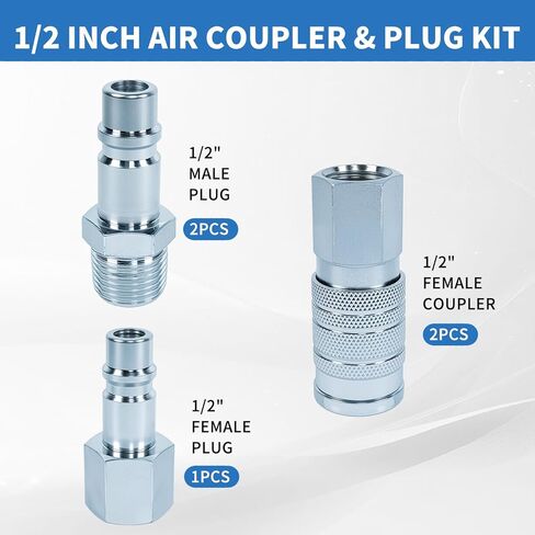 1/2" High Flow Air Hose Fittings, 5Pcs Air Compressor Accessories Including 2Pcs Industrial Air Coupler with 1/2" FNPT, 3Pcs Air Plugs with 1/2" NPT, Quick Connect Fittings Couplers in Kuwait