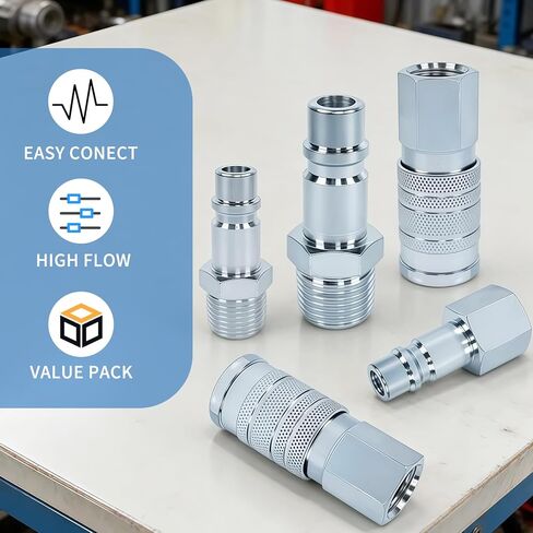 1/2" High Flow Air Hose Fittings, 5Pcs Air Compressor Accessories Including 2Pcs Industrial Air Coupler with 1/2" FNPT, 3Pcs Air Plugs with 1/2" NPT, Quick Connect Fittings Couplers in Kuwait