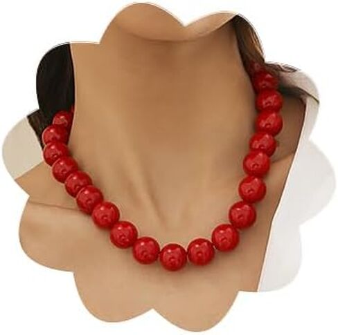 wekicici Single Strand Red Beads Necklace Gothic Black Red Round Ball Chain Necklace Vintage16mm Beaded Strand Collar Jewelry Chunky Pearl Choker Necklace for Women in Saudi Arabia