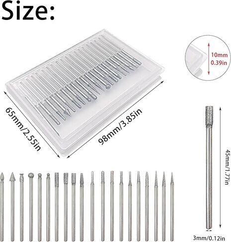 Diamond Burr Bit Set, 1/8" Shank Rotary Grinding Bits for Stone, Glass, Wood Engraving Carving Polishing Accessories, 20Pcs in Kuwait