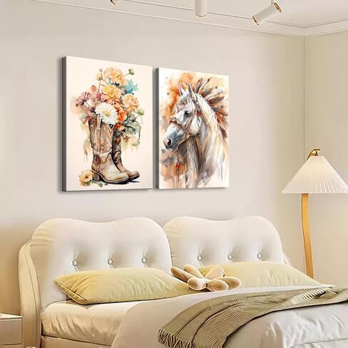 Eysintum Western Canvas Wall Art Set of 2 Rustic Farmhouse Decor Vintage Cowgirl Boots and Horse Prints Country Animal Wall Art for Bedroom Living Room 12x16in Ready to Hang in Saudi Arabia