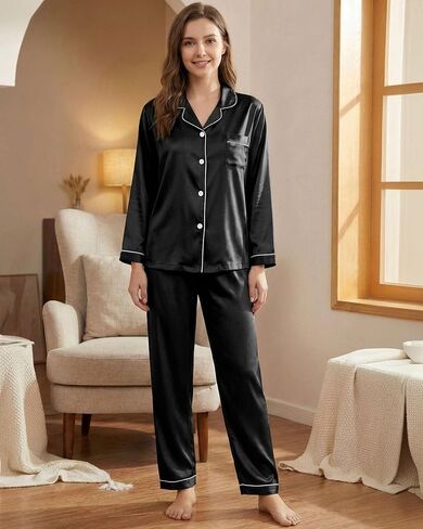Women's Satin Buttoned Pajama Lounge Set Pajama Set Long Sleeve in Saudi Arabia