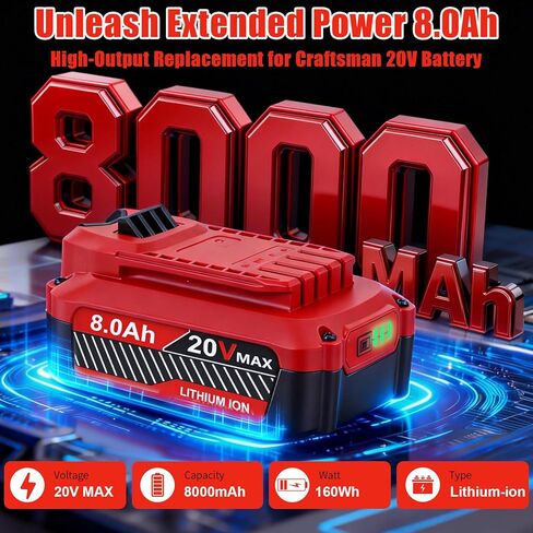 ترقية 8.0Ah بديلة للحرفي 20 فولت بطارية V20 ليثيوم أيون متوافقة مع الحرفي 20 فولت أدوات الطاقة اللاسلكية CMCB205 CMCB204 CMCB206 CMCB202 CMCB201B0GGGVH6WNB0GGGVH6WN، 2 حزمة in Kuwait