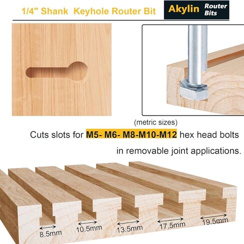 5pcs Keyhole Bit Set, 1/4-Inch Shank, 8.5-10.5-13.5-17.5-19.5mm Cut Diameter Router Keyhole Bit,for M5, M6, M8, M10, and M12 Hex Bolt T-Track Slotting Milling Cutters in Kuwait