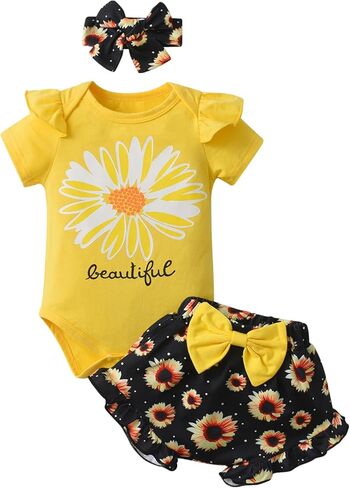 Joy Duck Newborn Infant Baby Girl Clothes Ruffle Short Sleeve Romper and Floral Shorts with Headband 3PCS Set in Saudi Arabia