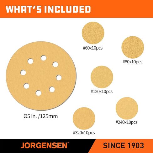 أقراص صنفرة فاخرة من Jorgensen مكونة من 50 قطعة، وورق صنفرة ذهبي بخطاف وحلقة مقاس 5 بوصات و8 فتحات لصنفرة مدارية عشوائية، متنوعة 60/80/120/240/320 للخشب والمعادن والسيارات in Kuwait