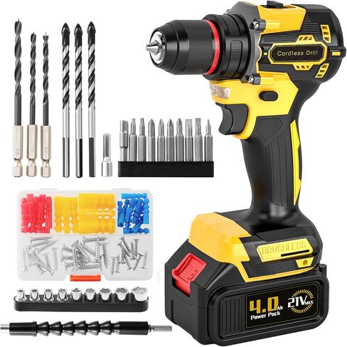 21V Cordless Brushless Power Drill Set with 4.0Ah Large Capacity Battery and Charger, 3/8-Inch Metal Keyless Chuck Electric Drill Driver, 25+1 Torque Setting, 2 Speed, 87pcs Drill kit for DIY Projects in Kuwait