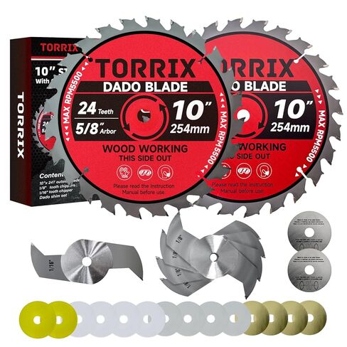 Torrix 10" Dado Blade Set, Dado Blades for 10 Inch Table Saw, 24-Tooth, 5/8" Arbor, Dado Stack for Fine Finished Dados, Grooves, and Rabbets, 23 Pieces in Kuwait