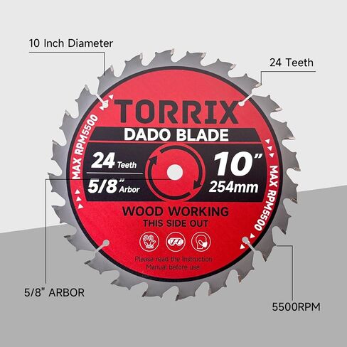 Torrix 10" Dado Blade Set, Dado Blades for 10 Inch Table Saw, 24-Tooth, 5/8" Arbor, Dado Stack for Fine Finished Dados, Grooves, and Rabbets, 23 Pieces in Kuwait