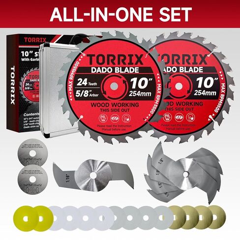 Torrix 10" Dado Blade Set, Dado Blades for 10 Inch Table Saw, 24-Tooth, 5/8" Arbor, Dado Stack for Fine Finished Dados, Grooves, and Rabbets, 23 Pieces in Kuwait