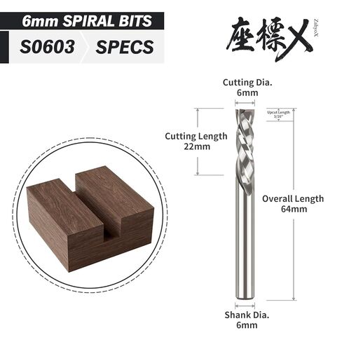 ZahyoX 6 مم عرقوب ضغط دوامة CNC راوتر بت، 6 مم قطر القطع، 6 مم قطر عرقوب - 25 مم قطر القطع - 64 مم الطول الإجمالي، الفلوت المزدوج كربيد الصلبة CNC نهاية مطحنة in Kuwait