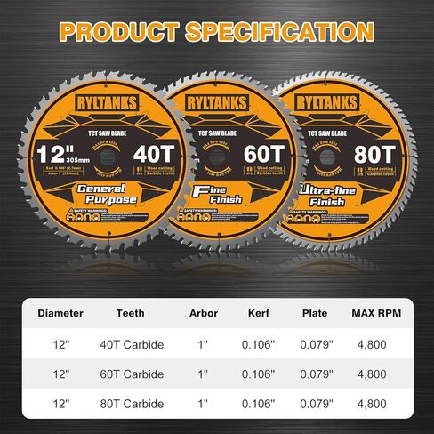 12 Inch Miter Saw Blade, 1" Arbor, 40T for General Purpose&60T for Fine Finish&80T for Ultra Fine Finish Wood Cutting, 3-Pack in Kuwait
