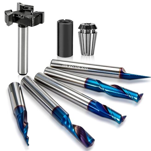 1/4" Shank CNC Router Bit Kit, Includes 1/4" ER16 Collet, V-bit, End Mills, Chamfering Bit for Woodworking MDF Resin Carving Lettering Sign Making, Nano Blue Coat & Titanium Coat in Kuwait