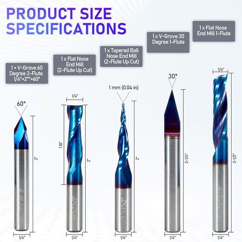 1/4" Shank CNC Router Bit Kit, Includes 1/4" ER16 Collet, V-bit, End Mills, Chamfering Bit for Woodworking MDF Resin Carving Lettering Sign Making, Nano Blue Coat & Titanium Coat in Kuwait