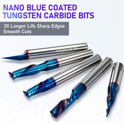 1/4" Shank CNC Router Bit Kit, Includes 1/4" ER16 Collet, V-bit, End Mills, Chamfering Bit for Woodworking MDF Resin Carving Lettering Sign Making, Nano Blue Coat & Titanium Coat in Kuwait