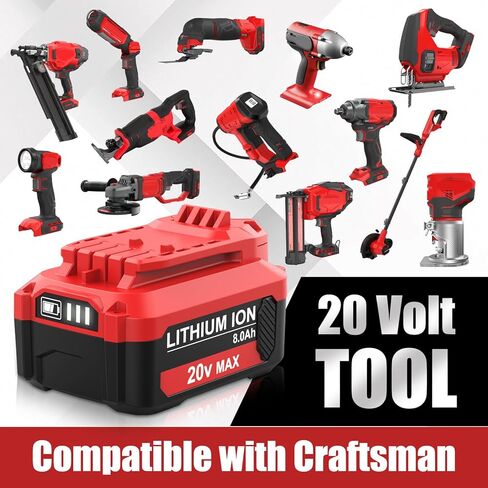 2Packs 20V 8.0Ah High Capacity V20 Lithium Replacement Battery and CMCB104 Charger Compatible with Craftsman 20 Volt Battery MAX CMCB205 CMCB204 CMCB206 CMCB202 CMCB201 Cordless Power Tools(Red) in Saudi Arabia