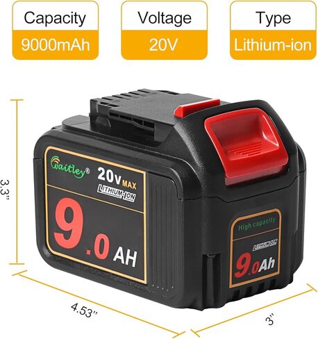 بطارية ليثيوم أيون 20 فولت 9.0 أمبير من Waitley متوافقة مع أدوات الطاقة DEWALT 20 فولت DCB209 DCB200 DCB206 (غير مصنوعة في ديوالت) in Kuwait