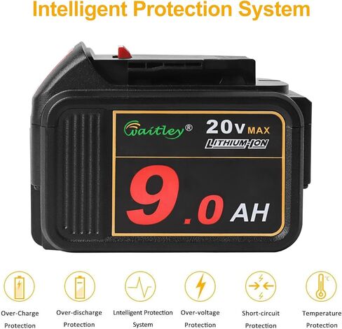 بطارية ليثيوم أيون 20 فولت 9.0 أمبير من Waitley متوافقة مع أدوات الطاقة DEWALT 20 فولت DCB209 DCB200 DCB206 (غير مصنوعة في ديوالت) in Kuwait