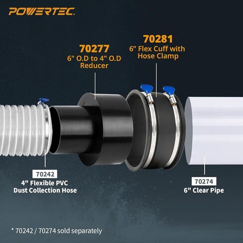 POWERTEC 70362V Dust Collection Reducer 6" OD to 4" OD with 6" Dust Control Flex Cuff in Kuwait