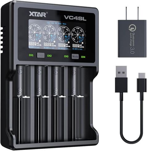XTAR VC4SL 3A Fast Charger 4-Bay, 18W QC3.0 Adapter Included, LCD Battery Analyzer for Li-ion 21700 18650 & NiMH AA/AAA Rechargeable Batteries in Kuwait