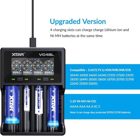 XTAR VC4SL 3A Fast Charger 4-Bay, 18W QC3.0 Adapter Included, LCD Battery Analyzer for Li-ion 21700 18650 & NiMH AA/AAA Rechargeable Batteries in Kuwait