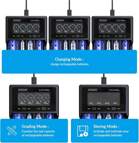 XTAR VC4SL 3A Fast Charger 4-Bay, 18W QC3.0 Adapter Included, LCD Battery Analyzer for Li-ion 21700 18650 & NiMH AA/AAA Rechargeable Batteries in Kuwait