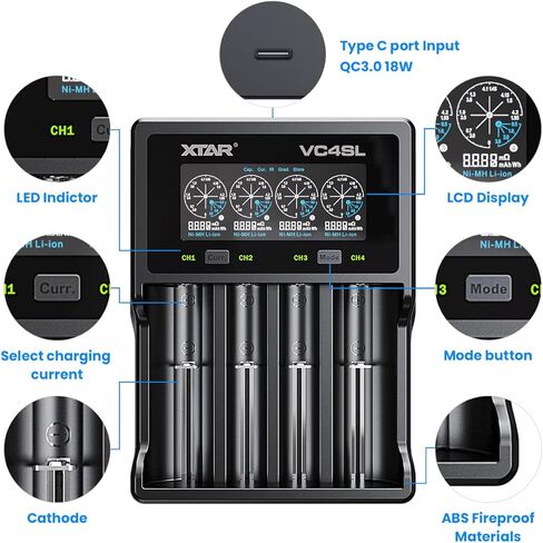 XTAR VC4SL 3A Fast Charger 4-Bay, 18W QC3.0 Adapter Included, LCD Battery Analyzer for Li-ion 21700 18650 & NiMH AA/AAA Rechargeable Batteries in Kuwait