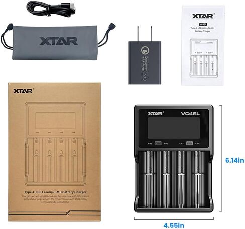 XTAR VC4SL 3A Fast Charger 4-Bay, 18W QC3.0 Adapter Included, LCD Battery Analyzer for Li-ion 21700 18650 & NiMH AA/AAA Rechargeable Batteries in Kuwait