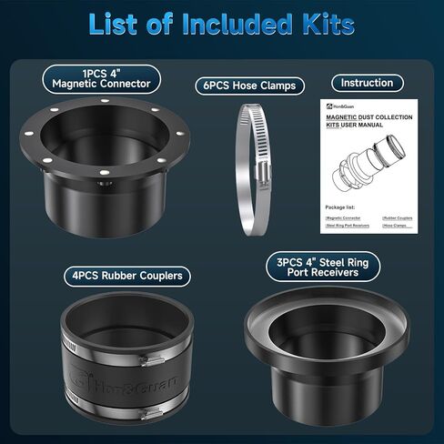Hon&Guan 4" Magnetic Dust Collection Fittings Kit, Quick Connect Starter Set for Woodworking Machine Ports, 1 Magnetic Coupler + 3 Receiver Ports + 3 Rubber Cuffs Coupler, Fits 4" Dust Collector Hose in Kuwait