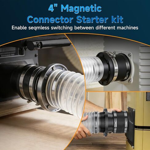 Hon&Guan 4" Magnetic Dust Collection Fittings Kit, Quick Connect Starter Set for Woodworking Machine Ports, 1 Magnetic Coupler + 3 Receiver Ports + 3 Rubber Cuffs Coupler, Fits 4" Dust Collector Hose in Kuwait
