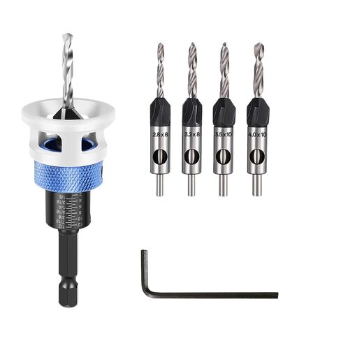 Countersink Drill Bit Set with Depth Stop 4PCS, HSS M2 Tapered Bits and a Wrench, 1/4" Hex Shank HCS Four Blades Countersink Drill Bit for Woodworking in Kuwait
