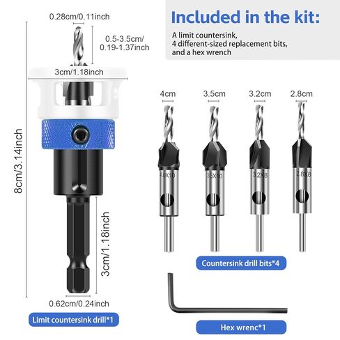 Countersink Drill Bit Set with Depth Stop 4PCS, HSS M2 Tapered Bits and a Wrench, 1/4" Hex Shank HCS Four Blades Countersink Drill Bit for Woodworking in Kuwait